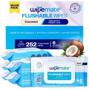 Wipemate Ultra Flushable Butt Wipes Soothing Vitamin E & Aloe, Coconut 252 count